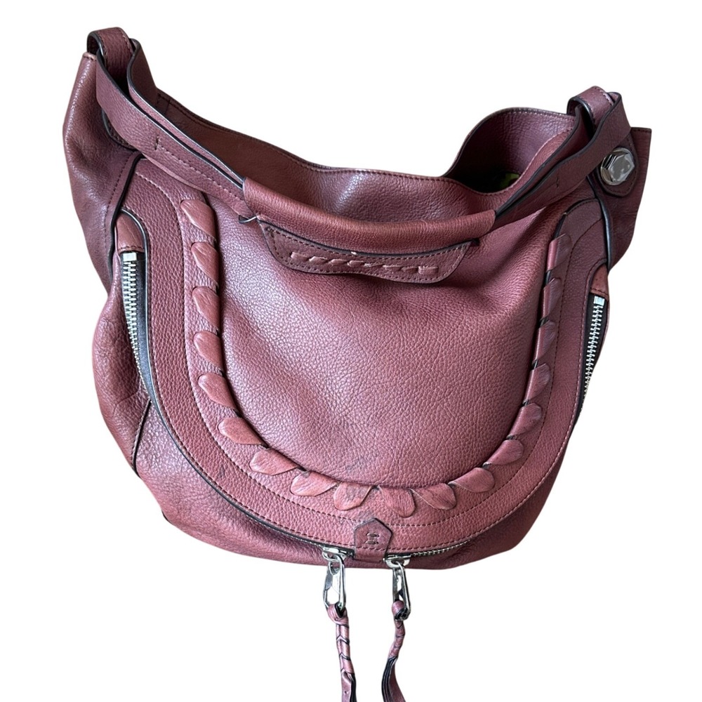 orYANY Burgundy Pebbled Leather Hobo Bag Braided Trim Moroccan Print Lining